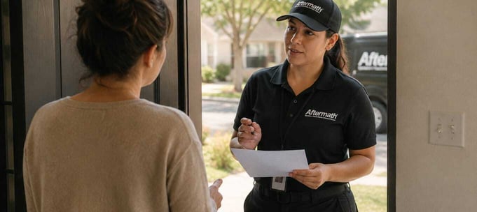 Aftermath staff member reviewing insurance claim paperwork with a homeowner